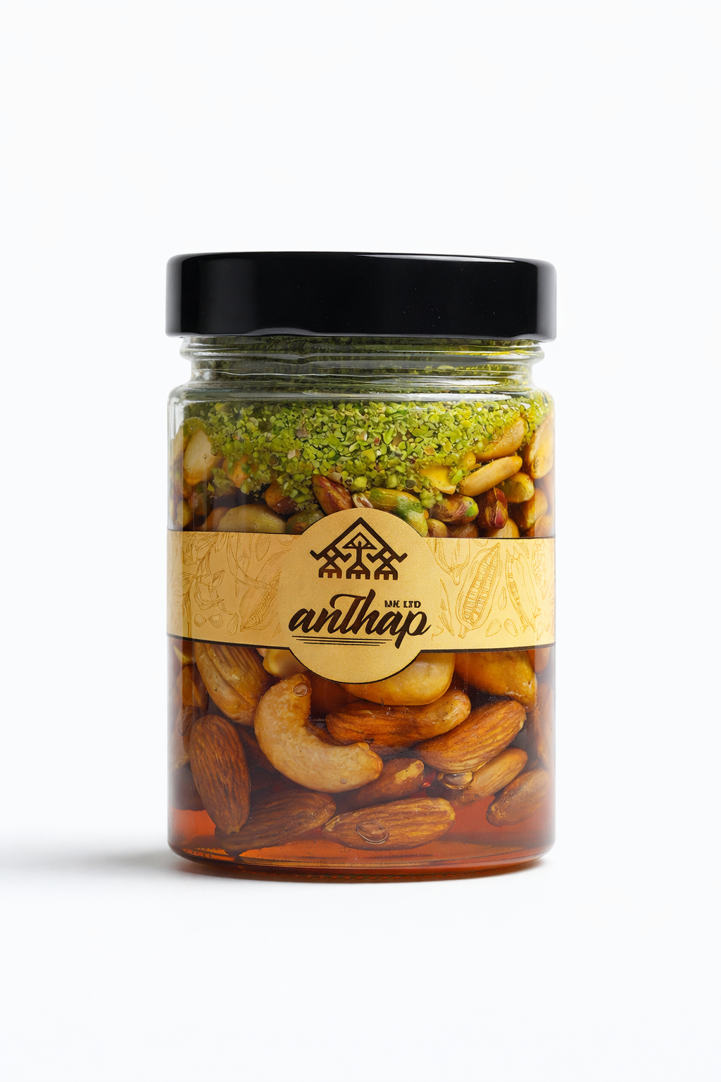 Jar of mixed nuts with a visible brand label on a white background