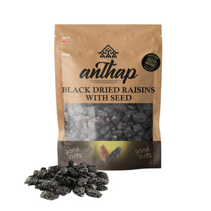 A package of Anthap Black Dried Raisins with seed, showing the raisins through a transparent window and the brand logo.
