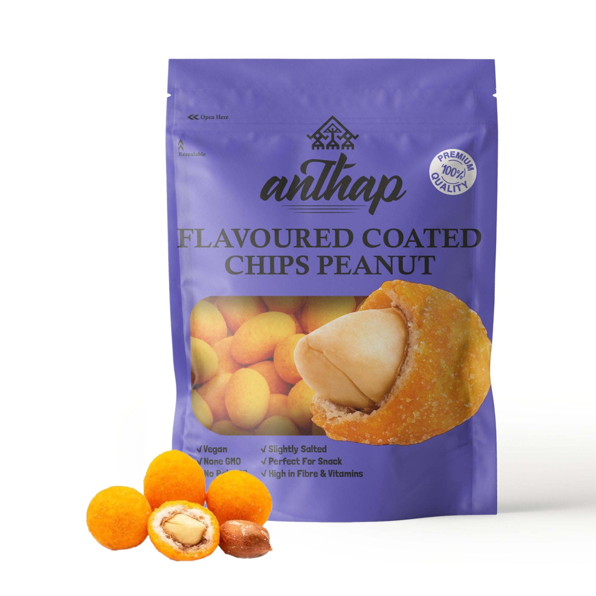A packaged snack product displaying peanuts with a flavored coating, branded as Anthap Flavoured Coated Chips Peanut.