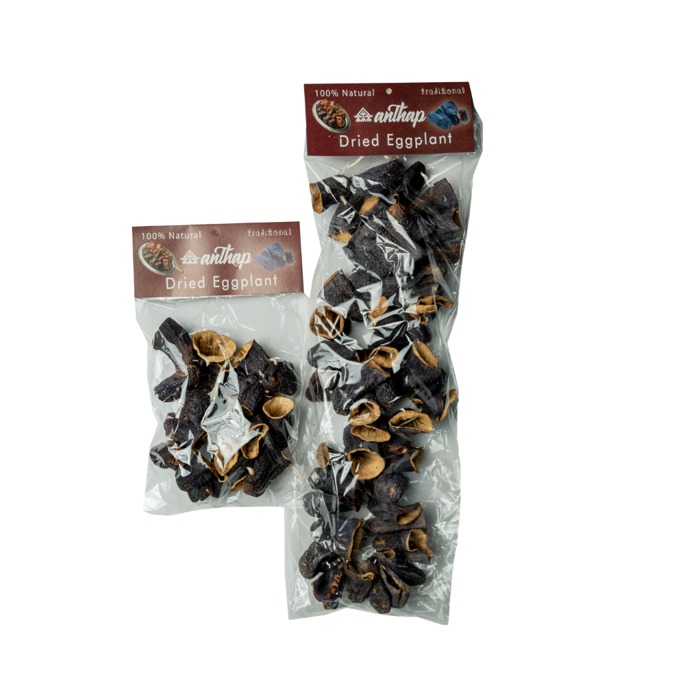 Two packages of dried eggplant with visible brand labels on a white background