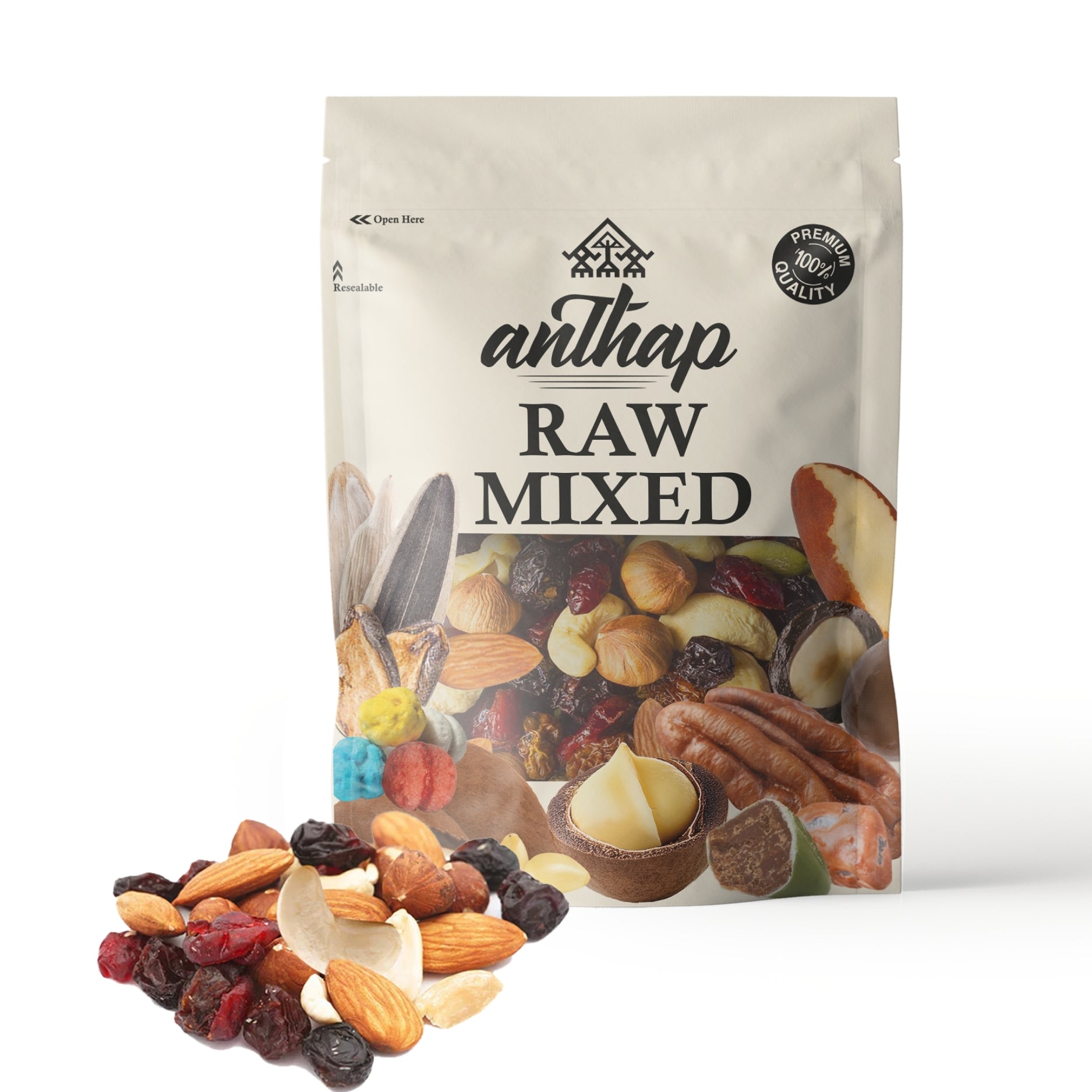 A package of Anthap Raw Mixed nuts and dried fruits, showing the product name and an image of the mixed ingredients both inside and outside the package.