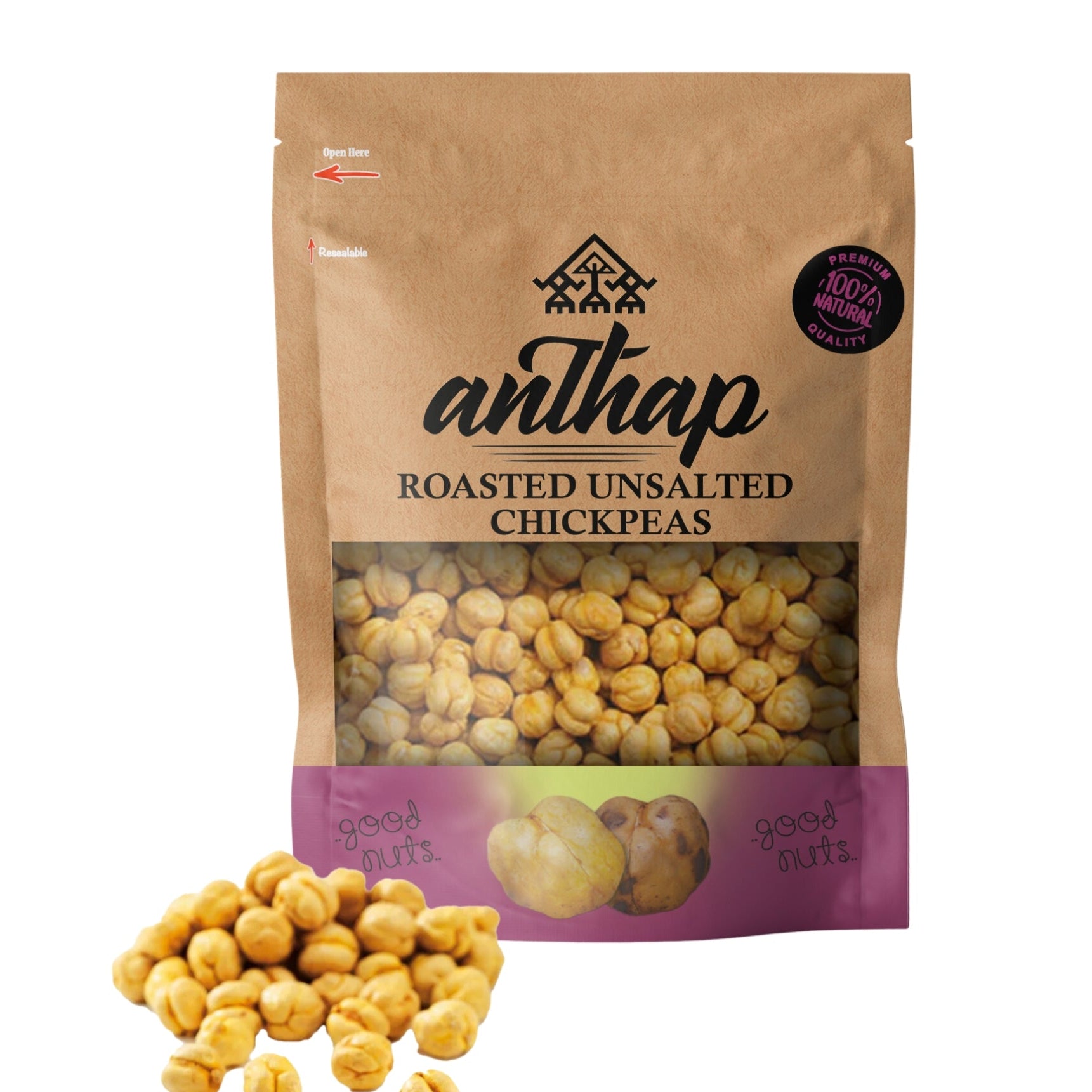 Packaging of Anthap Roasted Unsalted Chickpeas showing the product in a transparent window, with the brand and product information displayed.