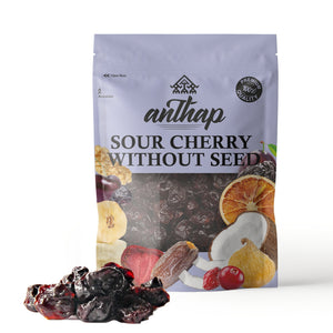 A package of Anthap brand dried sour cherries without seeds, with the cherries visible in front of the package.