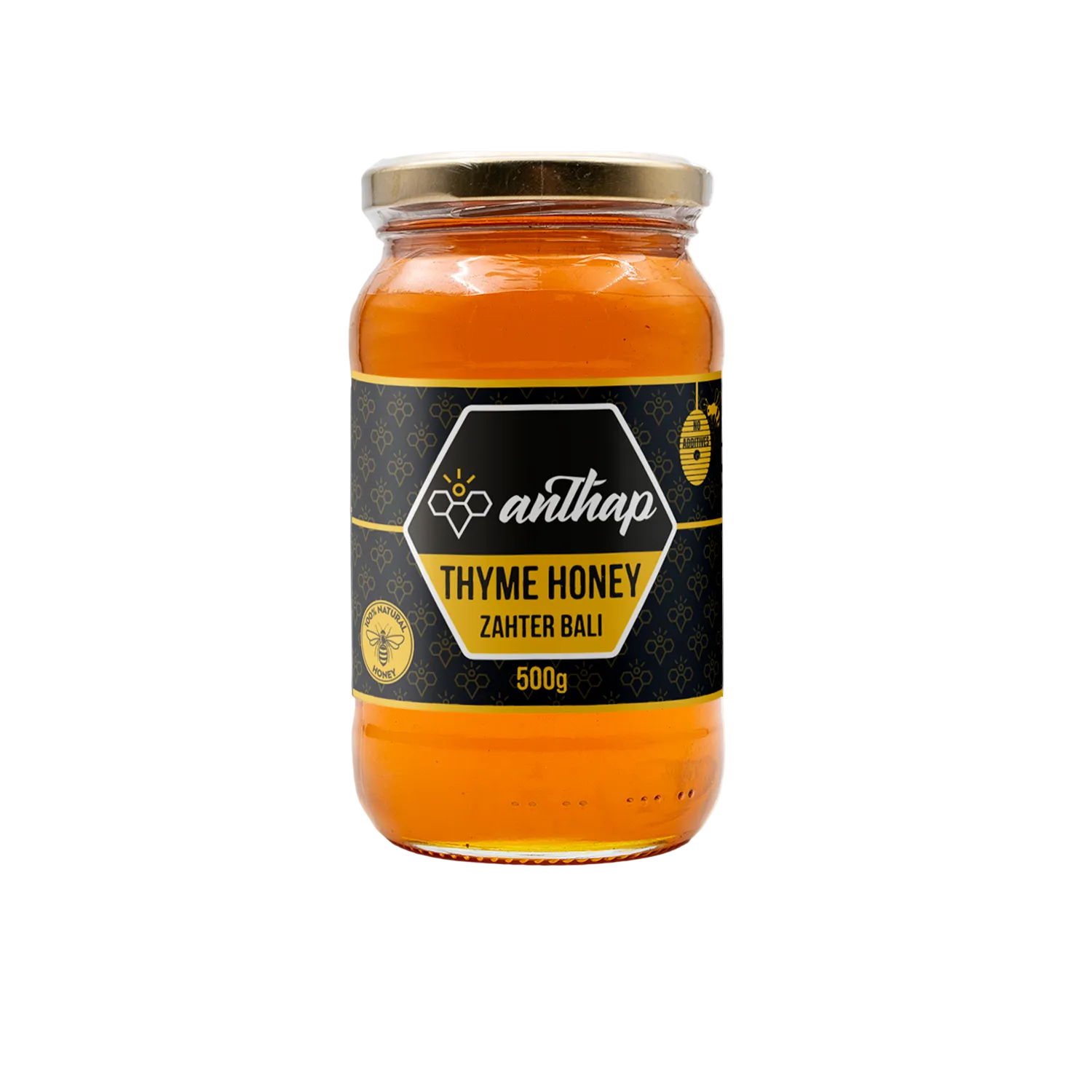 Jar of thyme honey with a black label on a white background