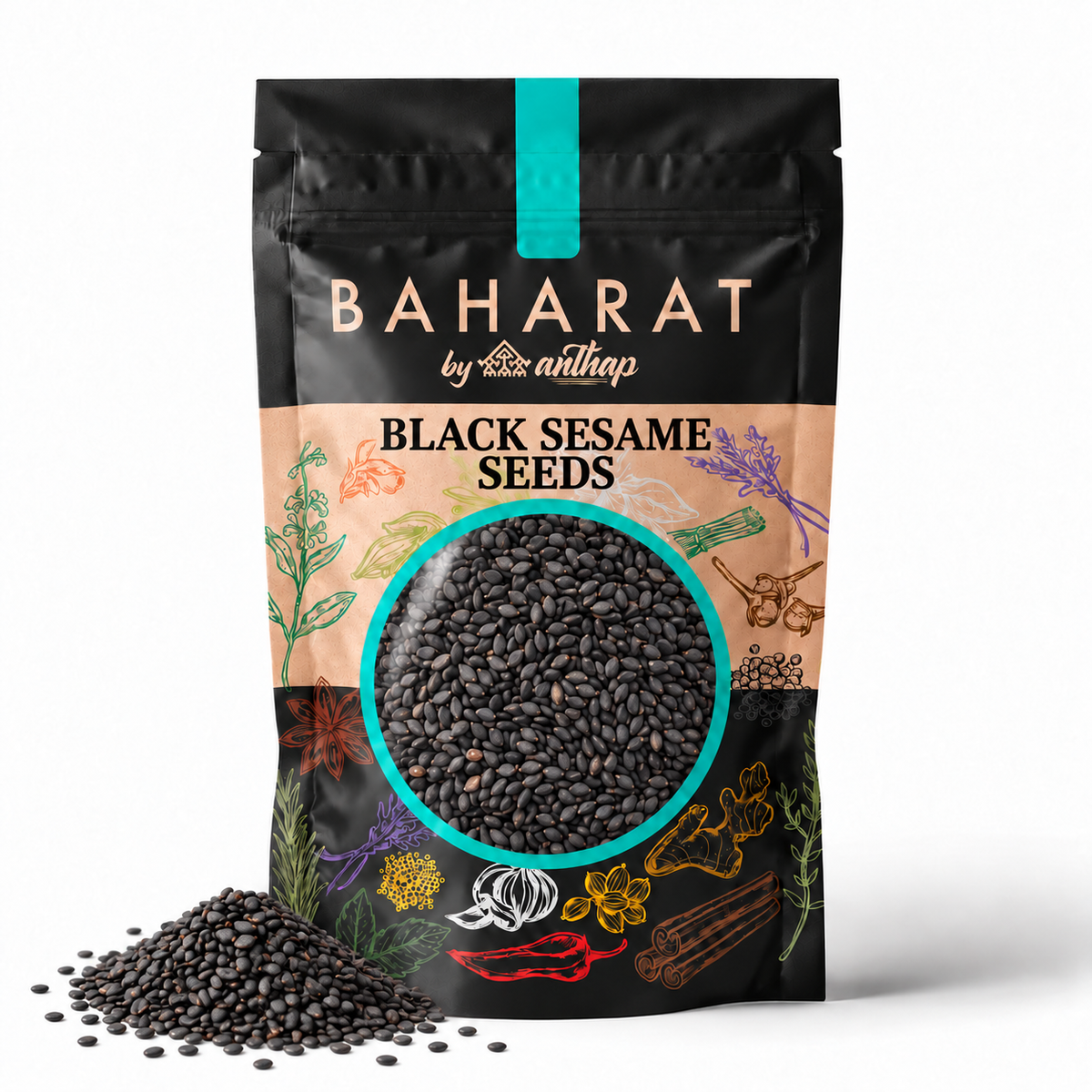 Baharat by Anthap Black Sesame Seeds pouch with loose black sesame seeds