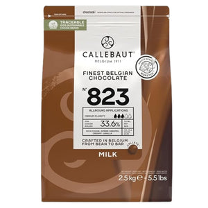 A package of Callebaut Finest Belgian Milk Chocolate 823 in a 2.5kg size, highlighting its creamy, caramel-rich profile, suitable for various culinary applications.
