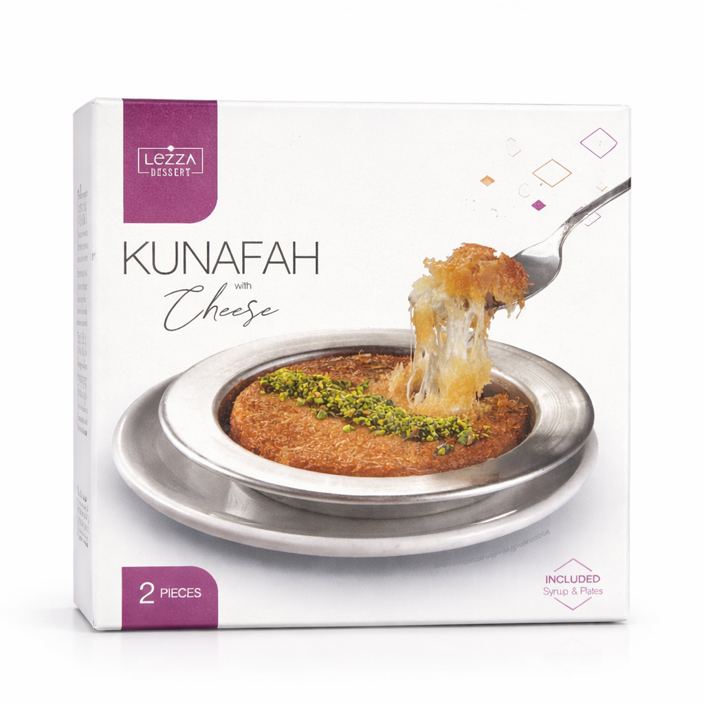 Kunafah cheese packaging with a dish of kunafah on a white background