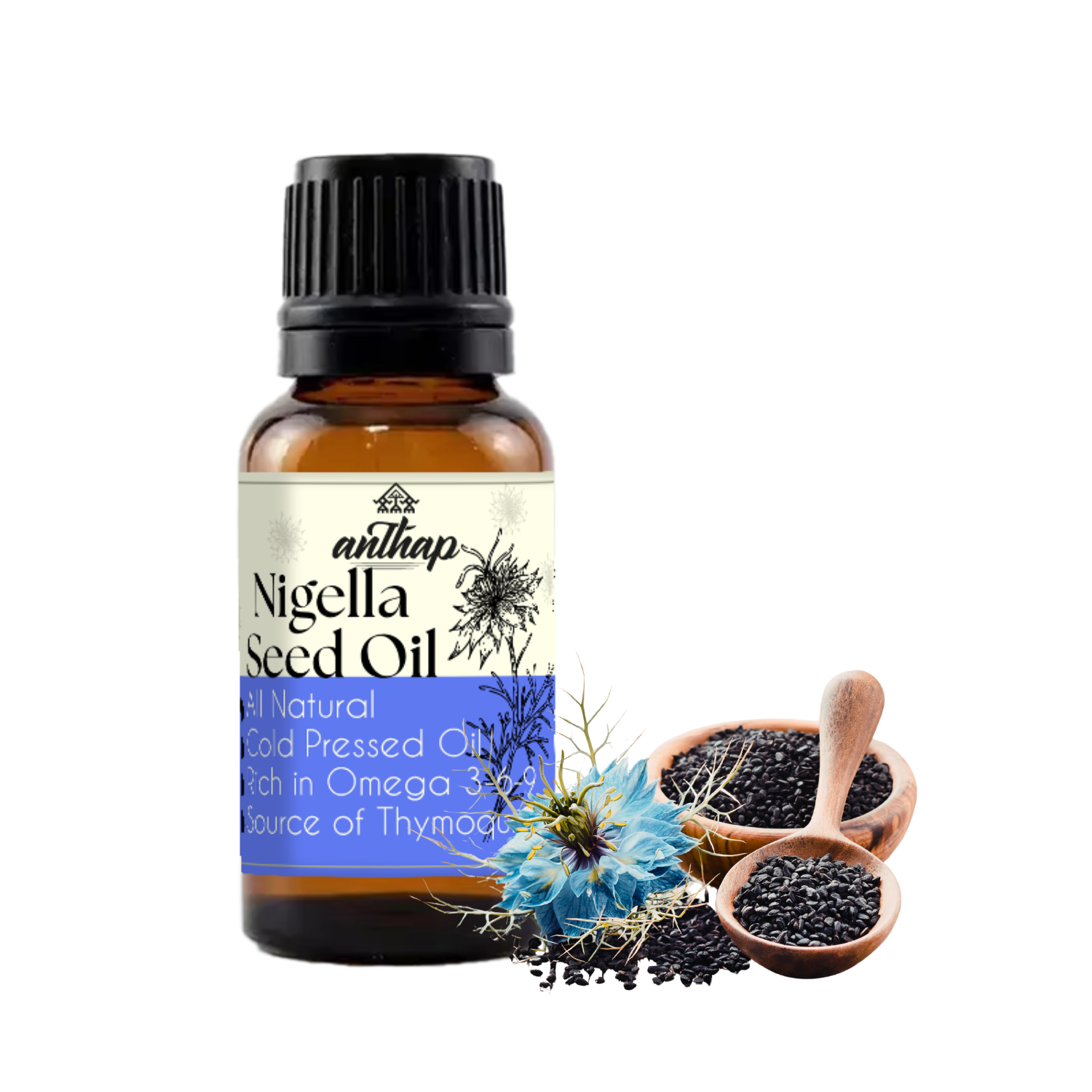 Bottle of Anthap Nigella Seed Oil with a white background
