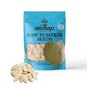 Anthap raw pumpkin seeds packaging with seeds on a white background