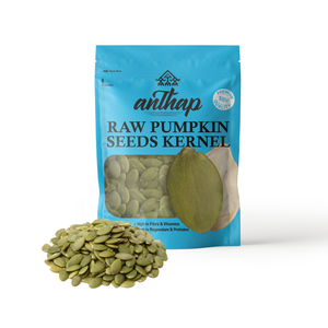 Anthap raw pumpkin seeds kernel package with seeds on a white background