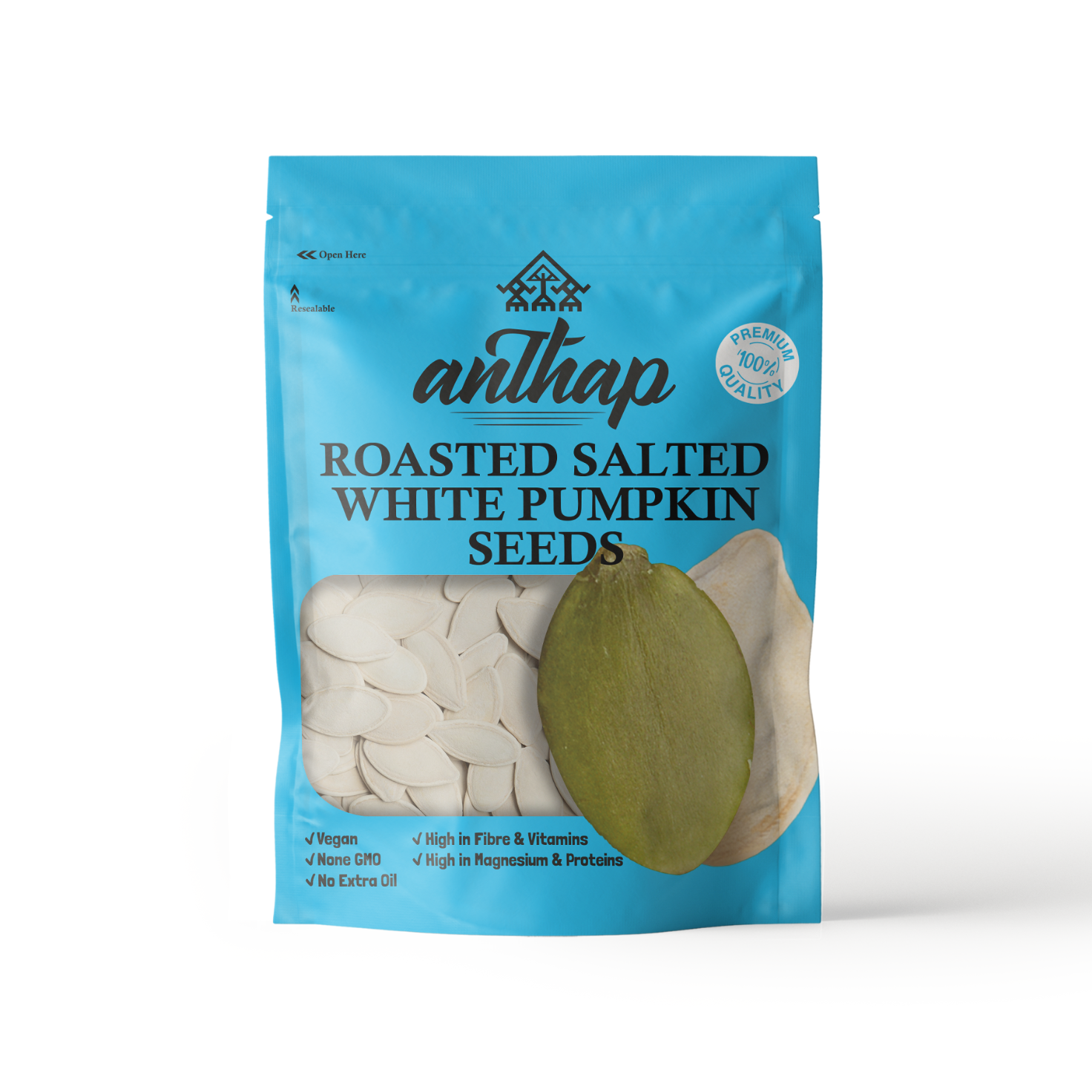 Packaging of roasted salted white pumpkin seeds with a blue background