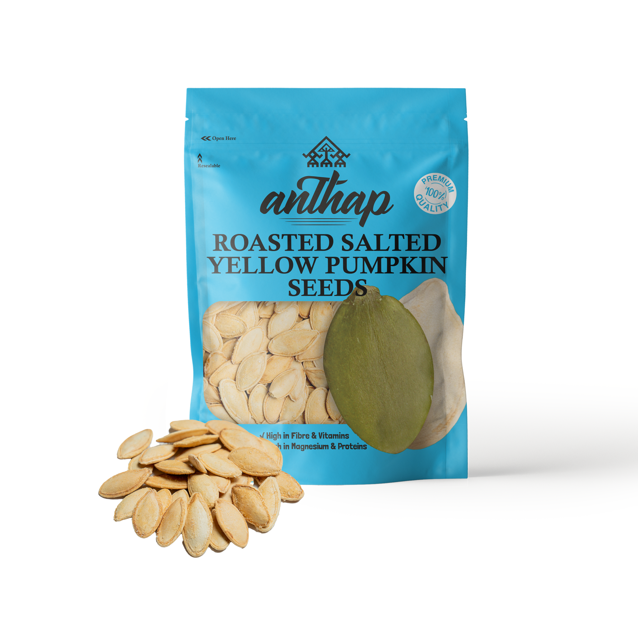 Packaging of Anthap roasted salted yellow pumpkin seeds on a white background