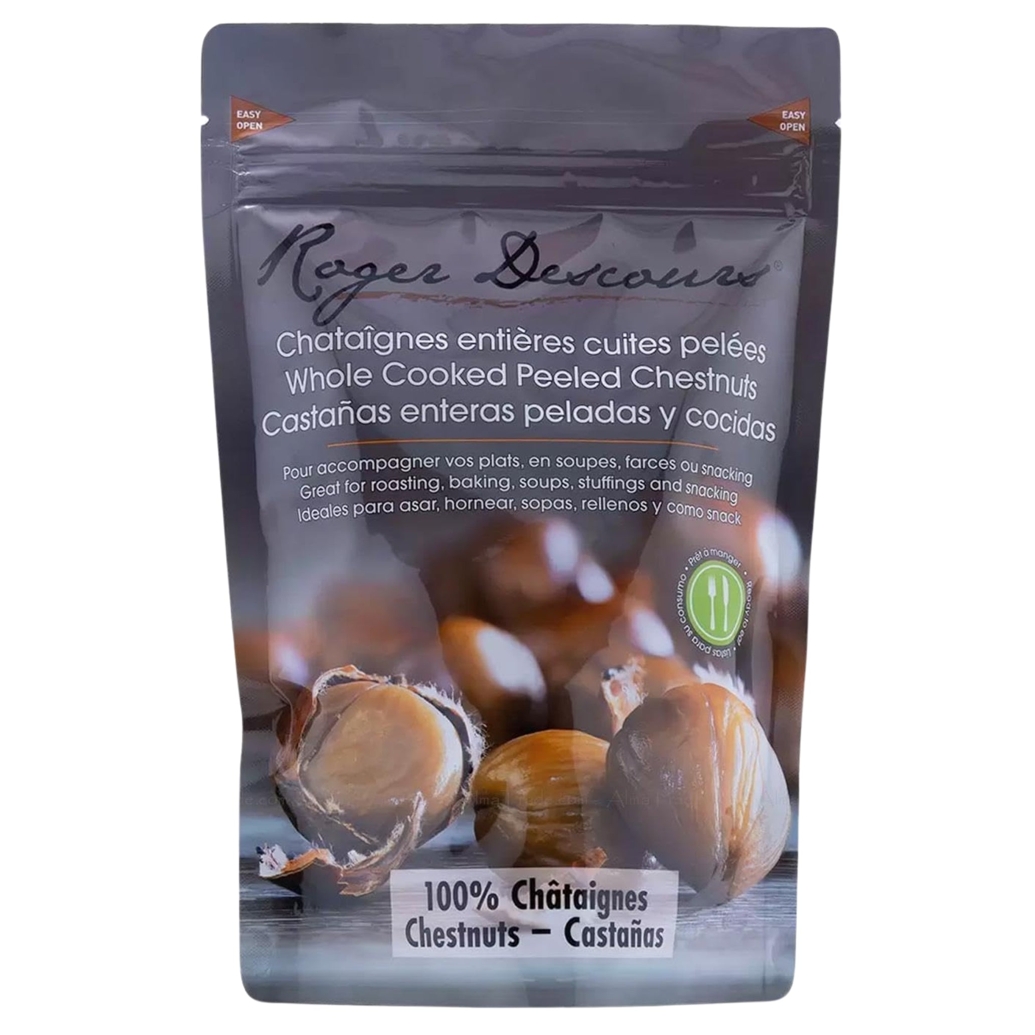 Packaged chestnuts with the branding 'Roger Descours' and '100% Chestnuts - Castas en peeled' visible, indicating that they are whole cooked and peeled. The package is resealable and has an image of the chestnuts on the front.