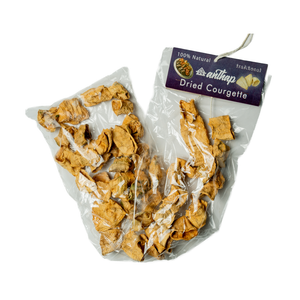 Two bags of dried courgette treats with a visible brand label on a white background