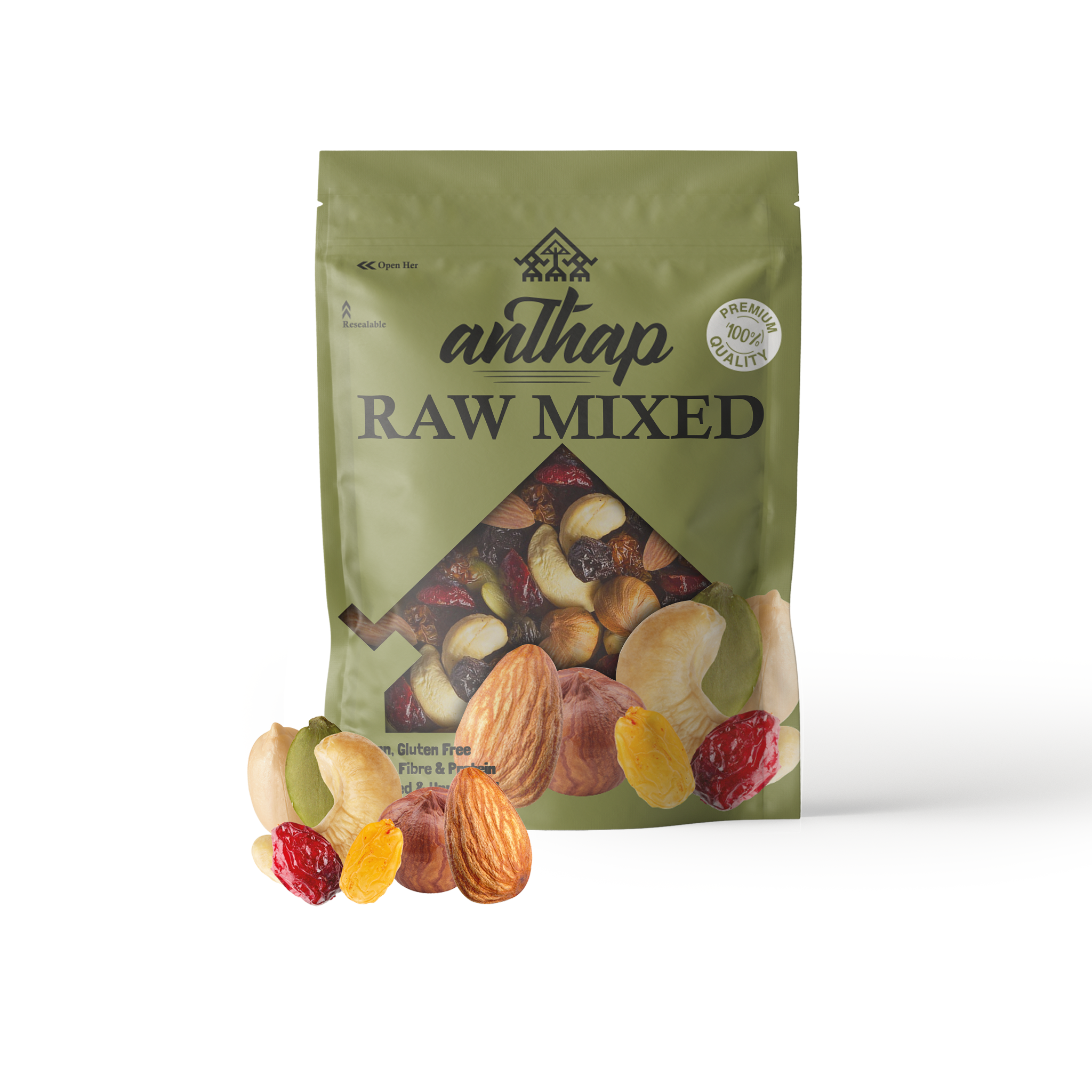 Packaged raw mixed nuts and fruits with Anthap branding on a white background