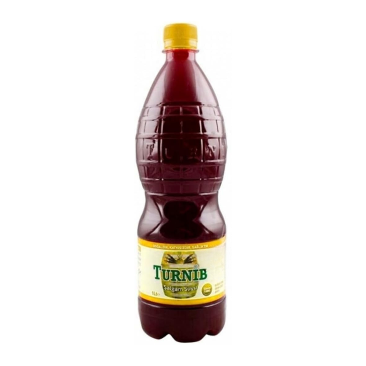 Bottle of Turnip juice with a yellow cap and label on a white background
