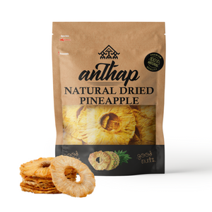 Packaging of Anthap natural dried pineapple with pineapple slices on a white background