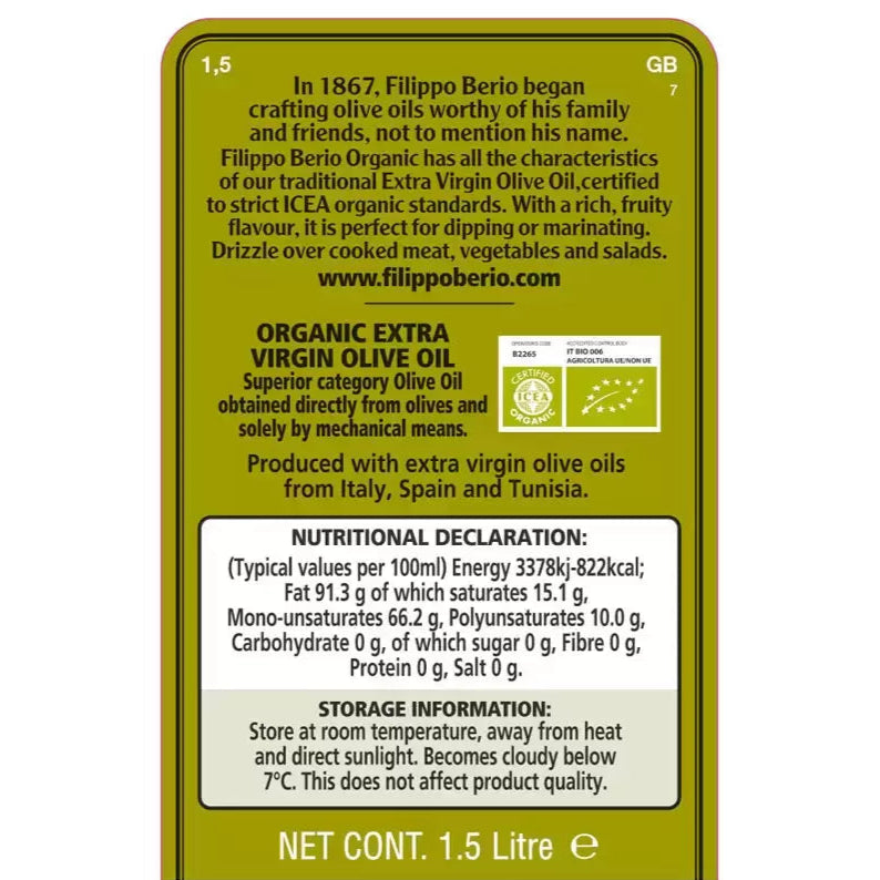 Filippo Berio Organic Extra Virgin Olive Oil, 1.5L