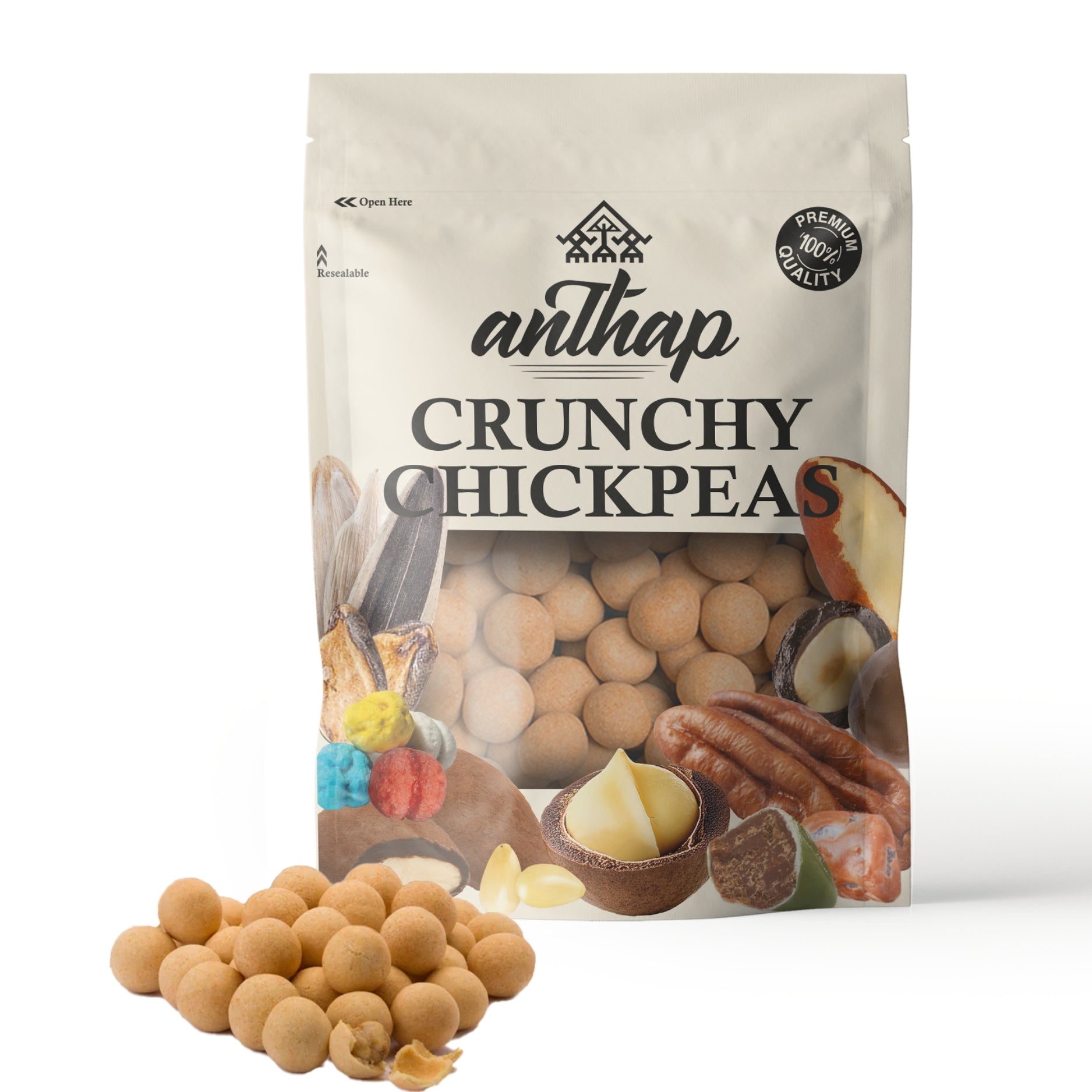A package of Anthap Crunchy Chickpeas with a transparent section showing the chickpeas inside. The packaging has text and branding.