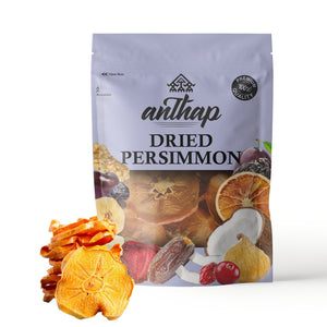 A package of Anthap 100% Natural Dried Persimmon featuring images of the dried persimmon slices and other dried fruits. The package has a purple color theme.