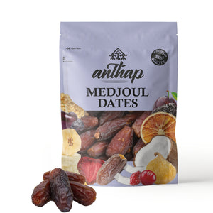 A package of Anthap Premium Quality Palestine Medjoul Dates, featuring the dates along with other dried fruits and a slice of orange.