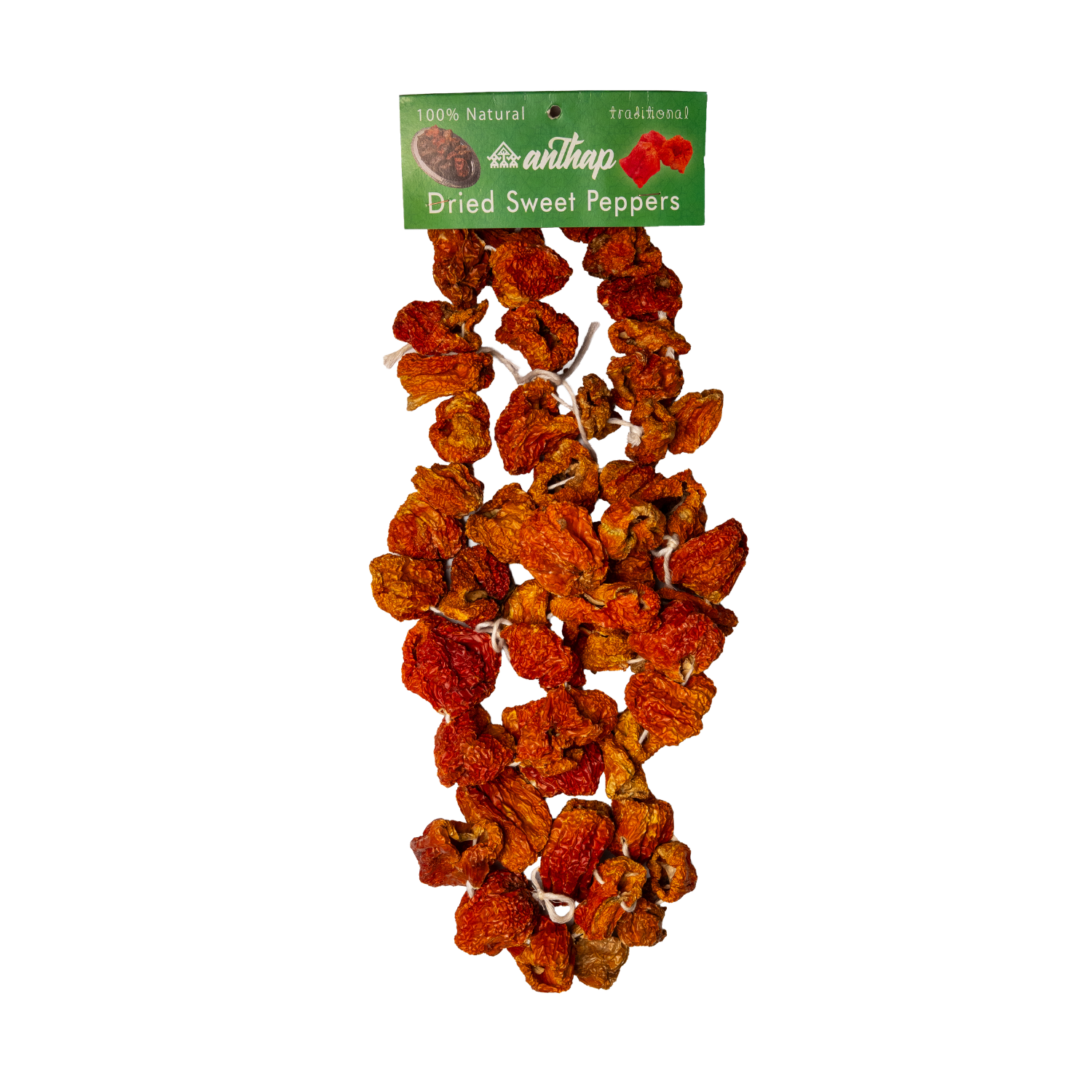 Dried sweet peppers on a white background with a brand label.