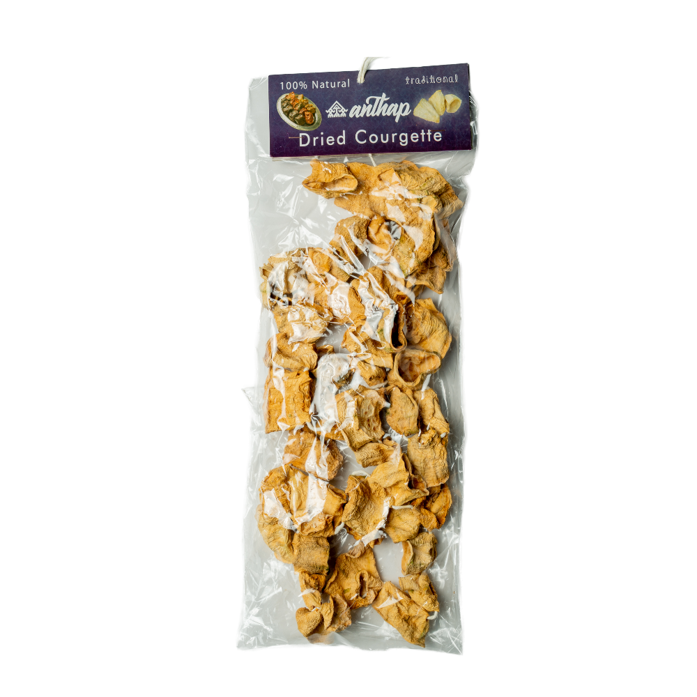 Packaged dried courgette snacks with a visible brand label on a white background
