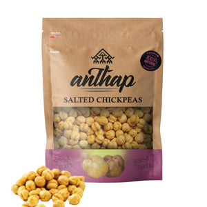 Packaging of Anthap Salted Chickpeas showing the product name and a transparent window displaying the chickpeas inside. The package is brown with purple and white text and branding.