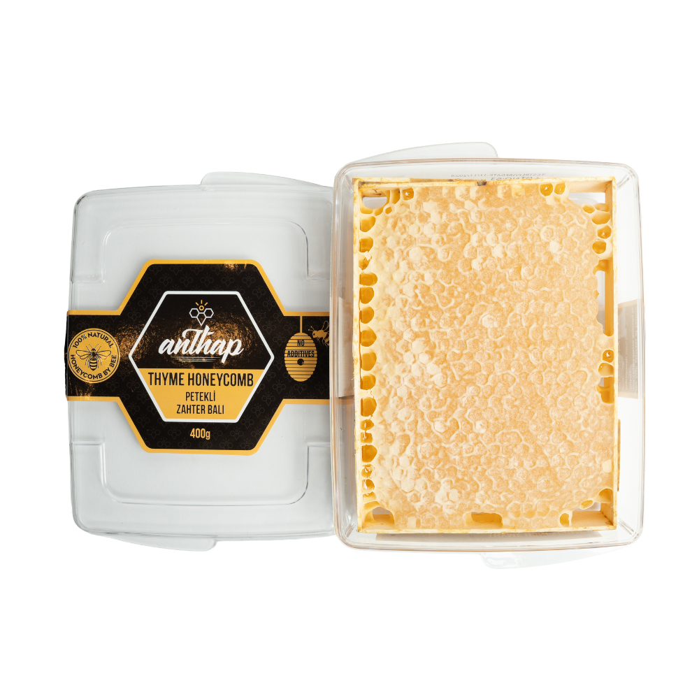 Thyme honeycomb in a clear container with a visible brand label on a white background
