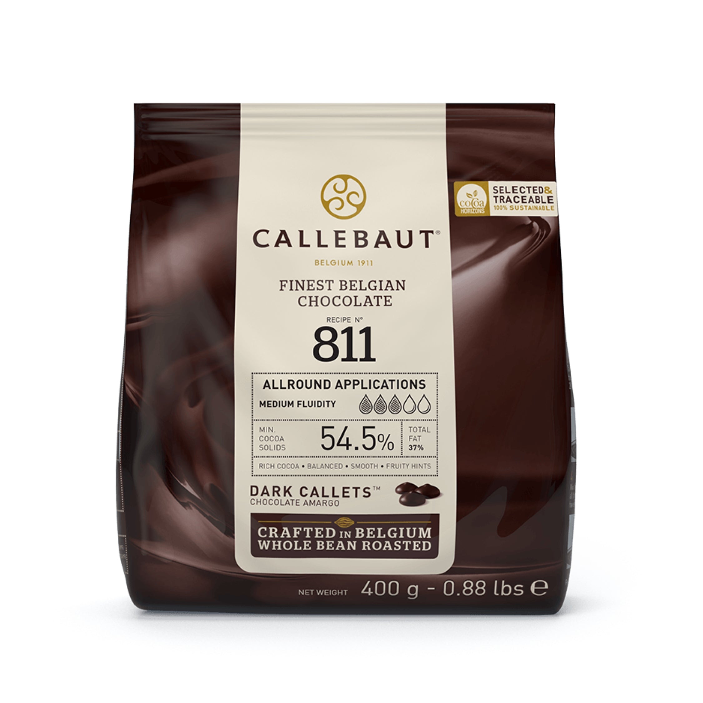A package of Callebaut Finest Belgian Dark Chocolate 811, 400g, with the Callebaut logo and product information displayed on the front.