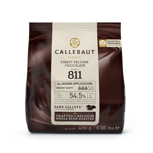 A package of Callebaut Finest Belgian Dark Chocolate 811, 400g, with the Callebaut logo and product information displayed on the front.