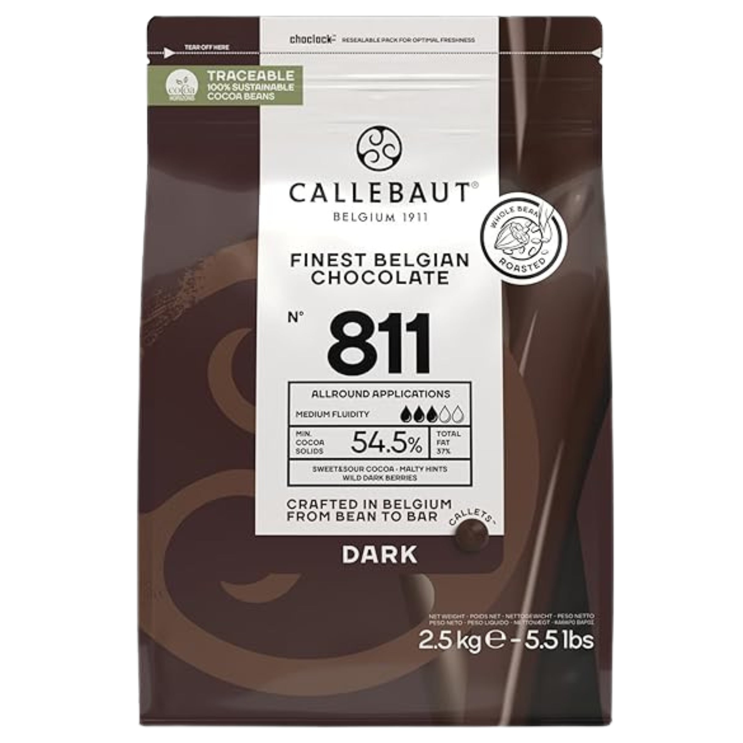 A package of Callebaut Finest Belgian Dark Chocolate 811, 2.5kg, with the Callebaut logo and product information displayed on the front.