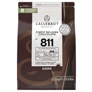 A package of Callebaut Finest Belgian Dark Chocolate 811, 2.5kg, with the Callebaut logo and product information displayed on the front.
