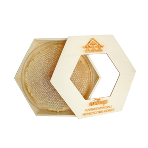 Hexagonal container of honeycomb with visible beeswax on a white background