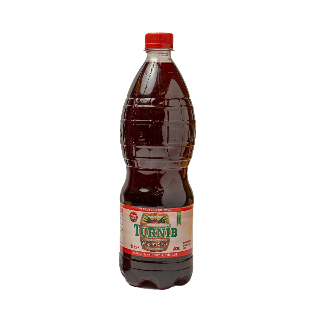 A plastic bottle of TURNIB Fermented %100 Natural Black Carrot & Turnip Juice with a red cap.