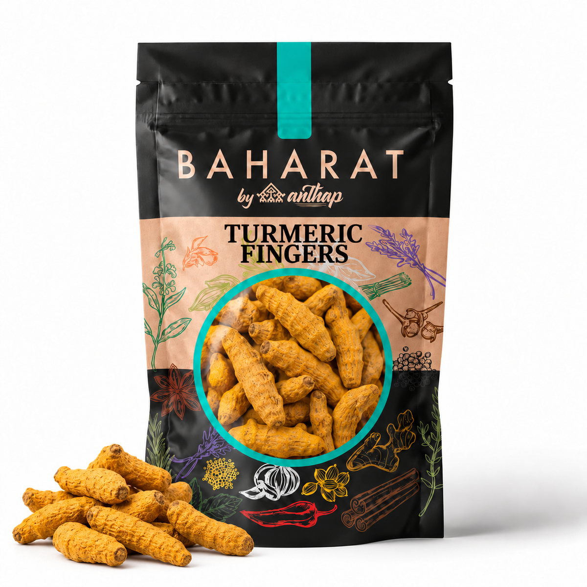 Baharat by Anthap Turmeric Fingers pouch with loose whole turmeric