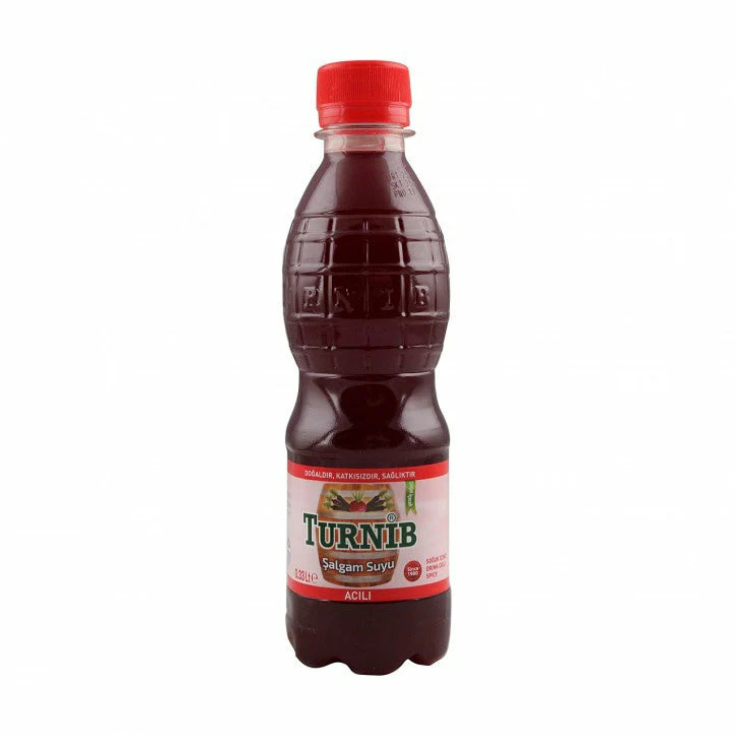 Bottle of Turnib juice with a red cap on a white background