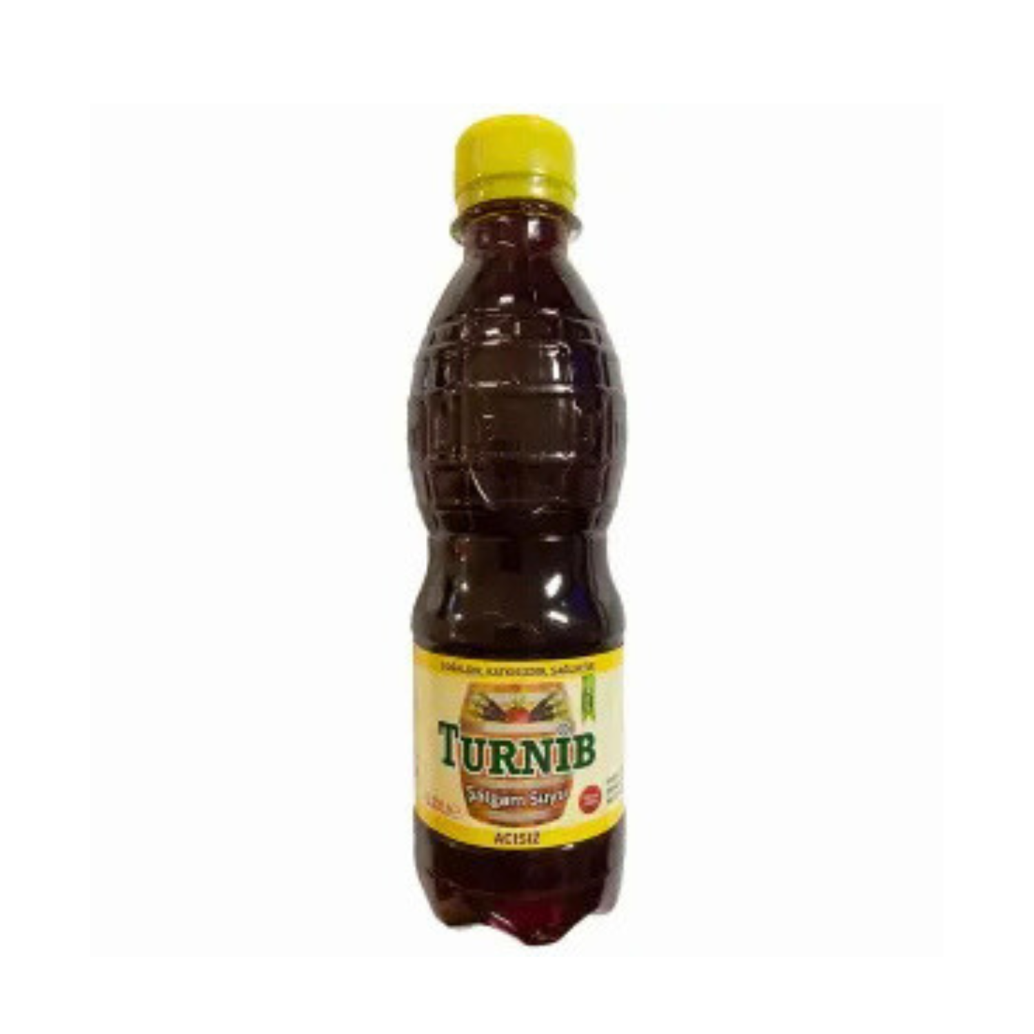 Bottle of Turnib syrup with a yellow cap on a white background