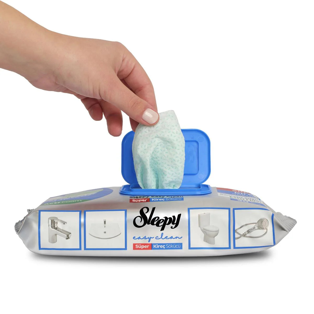 Hand reaching for a cleaning wipe from a 'Sleepy' brand packet on a white background