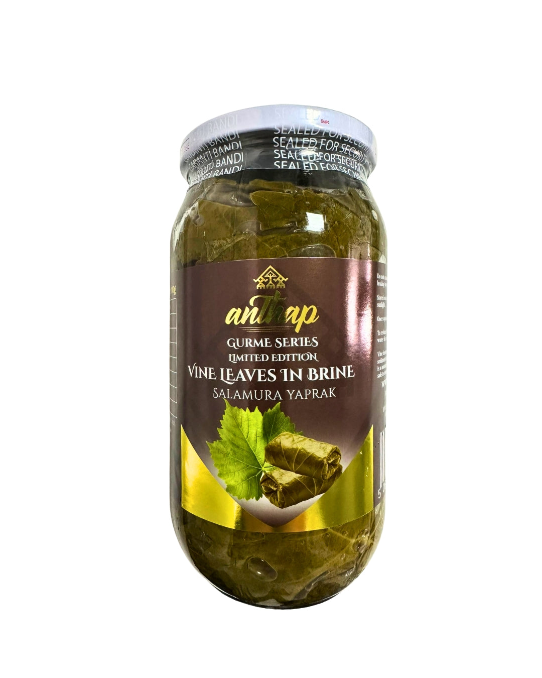 Jar of vine leaves in brine with a label on a white background